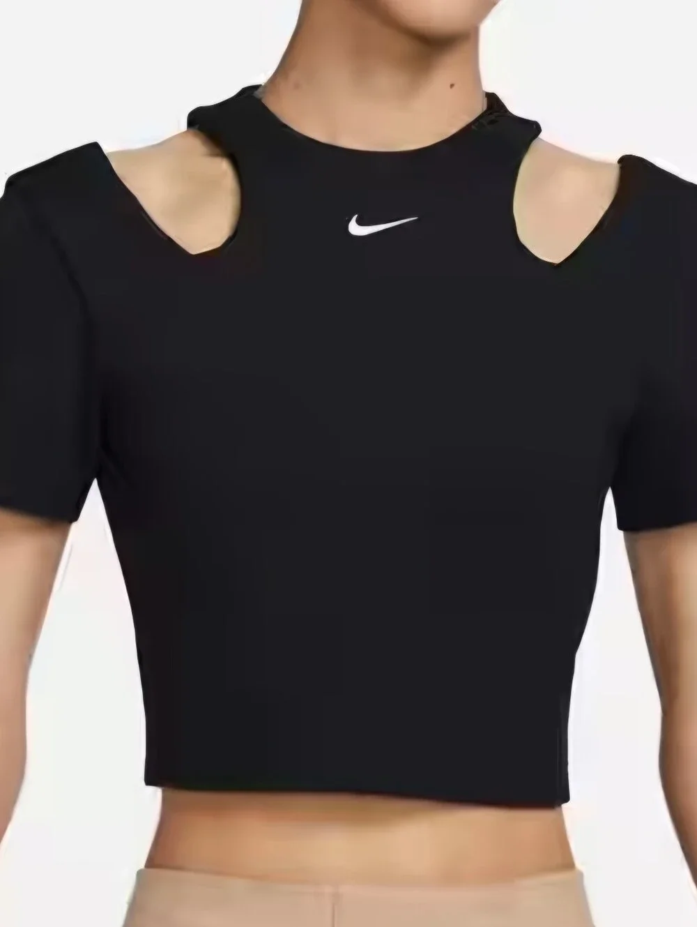 Nike Black Short Sleeve Cutout Crop Top with White Swoosh